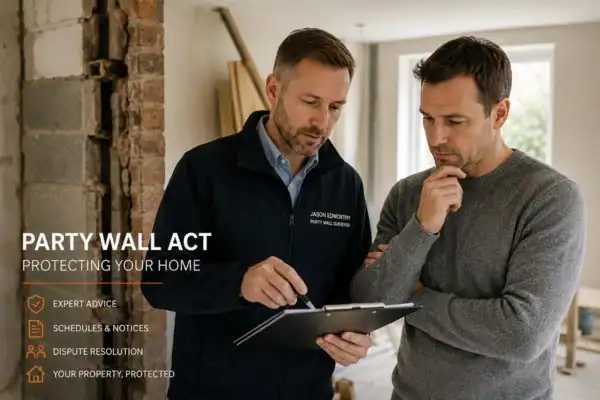 Party wall surveyor Southwick discussing extension plans with homeowner outside a UK semi-detached house.